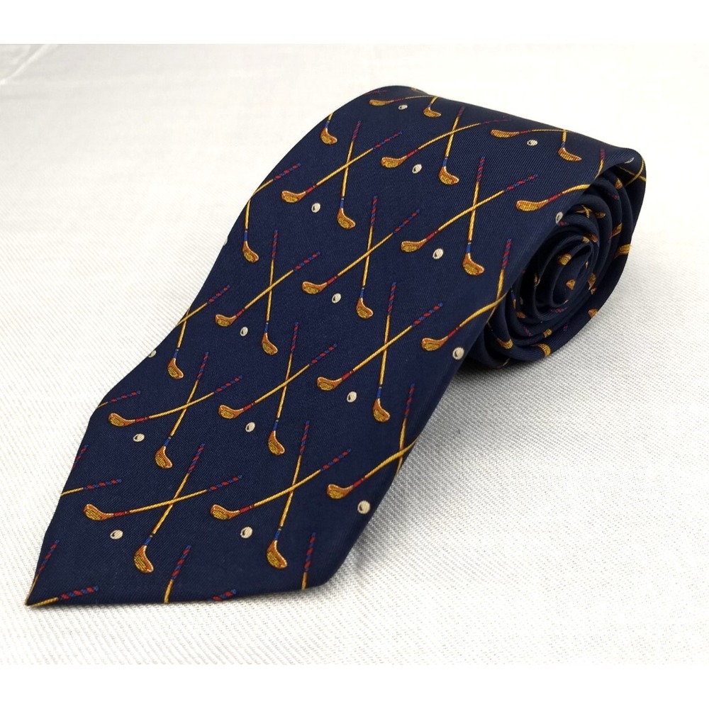 Polo Ralph Lauren 100% Silk Tie‎ Handmade Navy & Tan Golf Clubs Ball USA Vintage